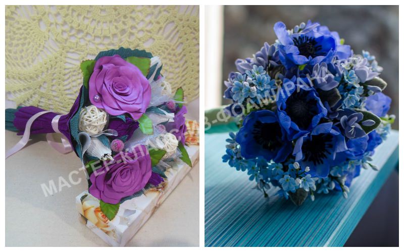 Свадебный букет из фоамирана, оформленный в синей и фиолетовой цветовой гамме